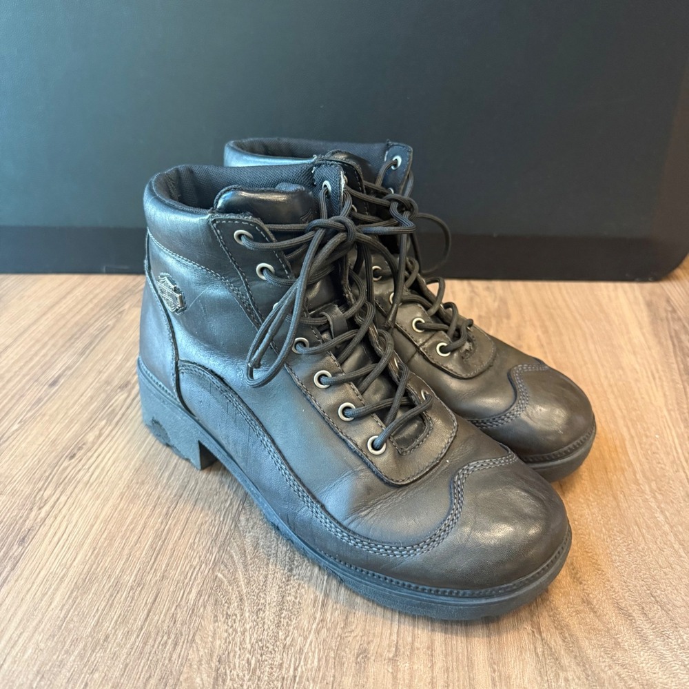 Harley Davidson Womens Black Leather Lace Up Ankle Motorcycle Boot 84264 Size 10